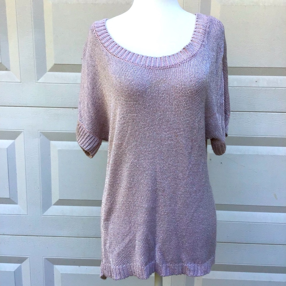 Calvin Klein Jeans Sweater Womens L Pink Silver Metallic Short Sleeve Scoop Neck